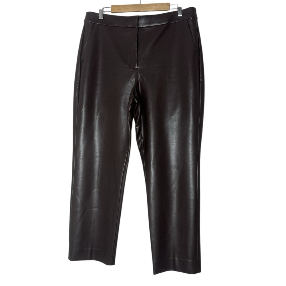 J Crew Faux Leather Straight KATE‎ Pants Women's Size 14 Brown High Rise Pockets